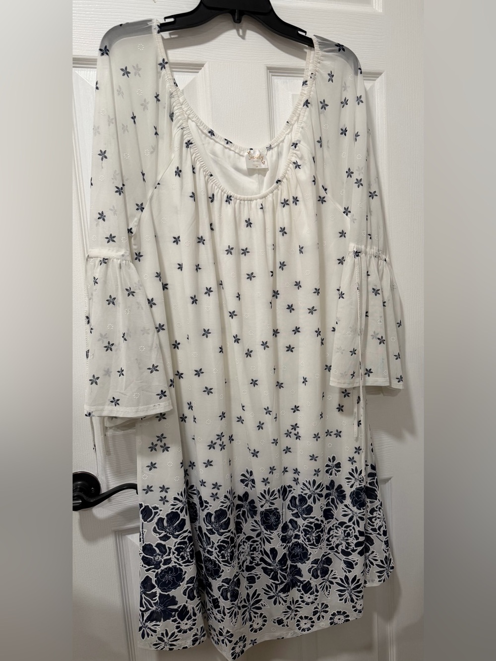 Siren Lily White Midi A-Line Dress 3X Navy Floral Border Bell Sleeves Lined